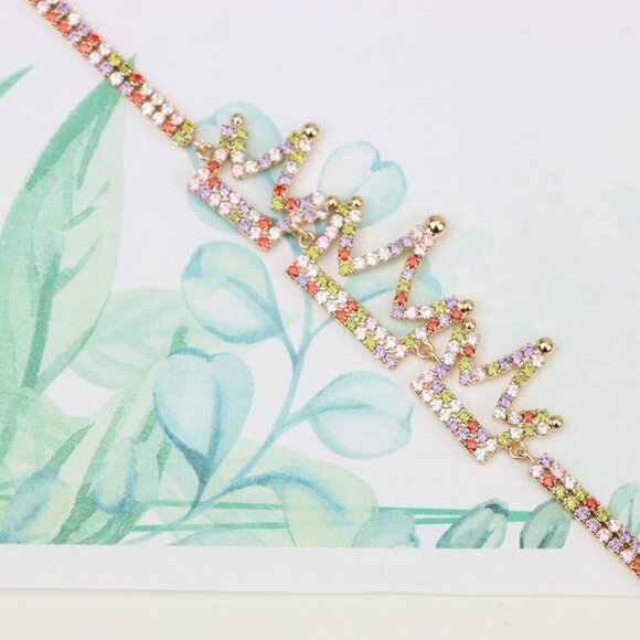 "Crown Charm Rose Gold Bracelet with Multicolor CZ, Adjustable Fit, XPBL0737 - Picture 3 of 12